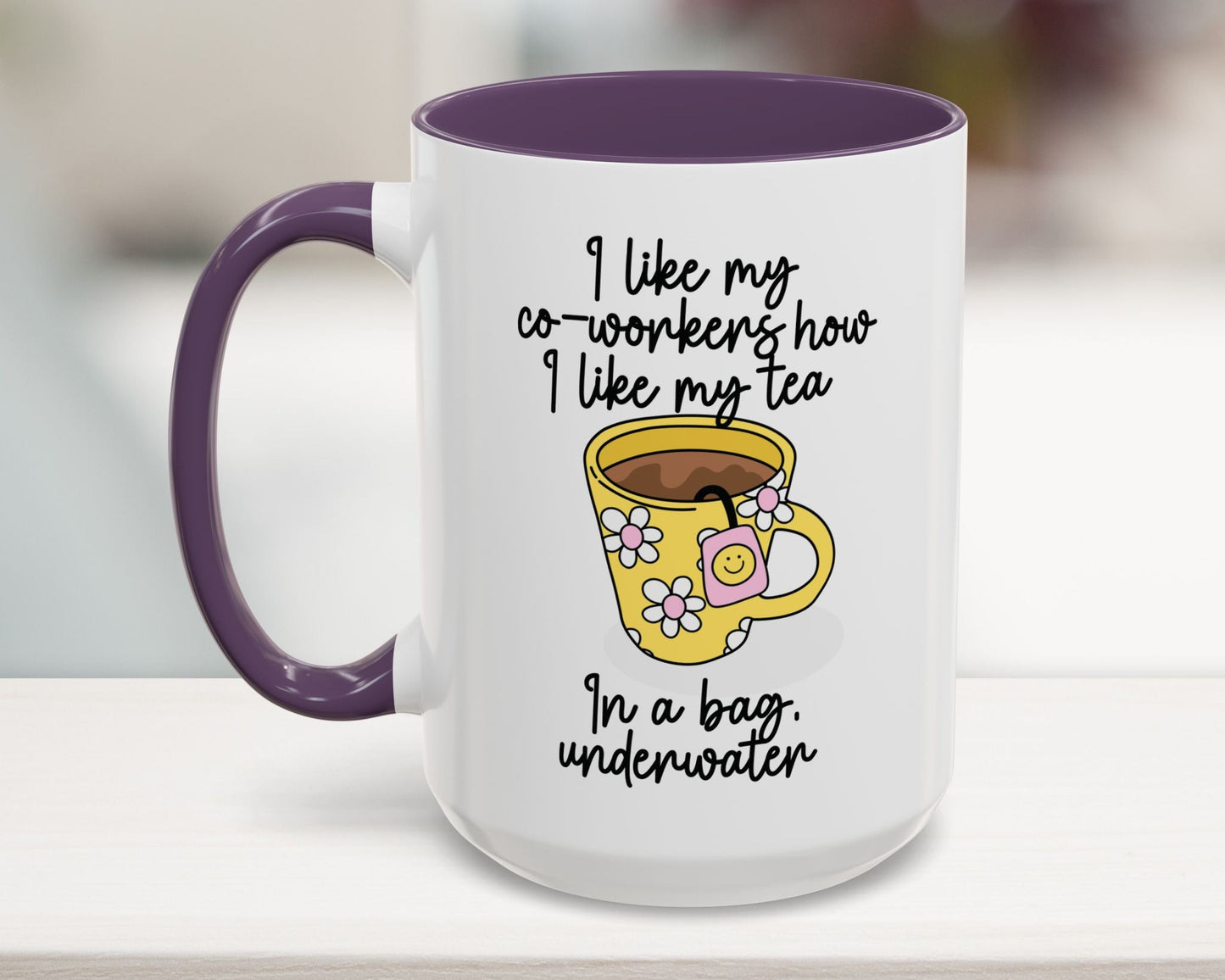 White mug with purple handle and interior, featuring a yellow coffee cup illustration and humorous text.