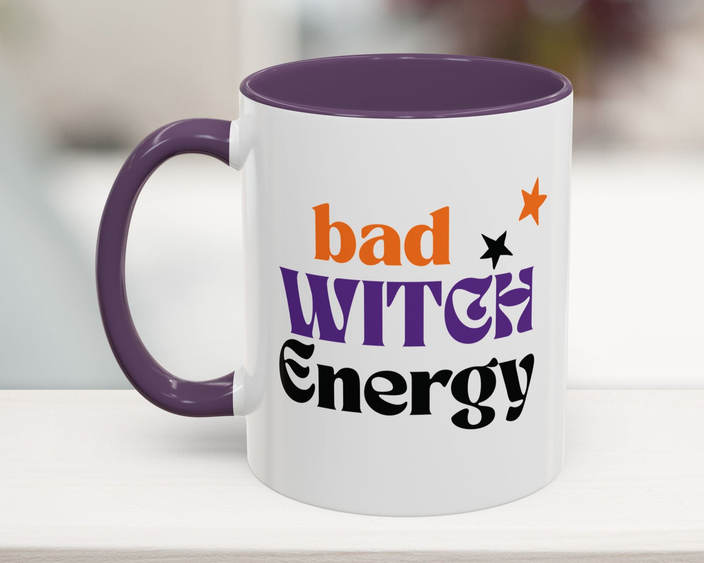 Funny office Halloween mug with “Bad Witch Energy” in purple accent design