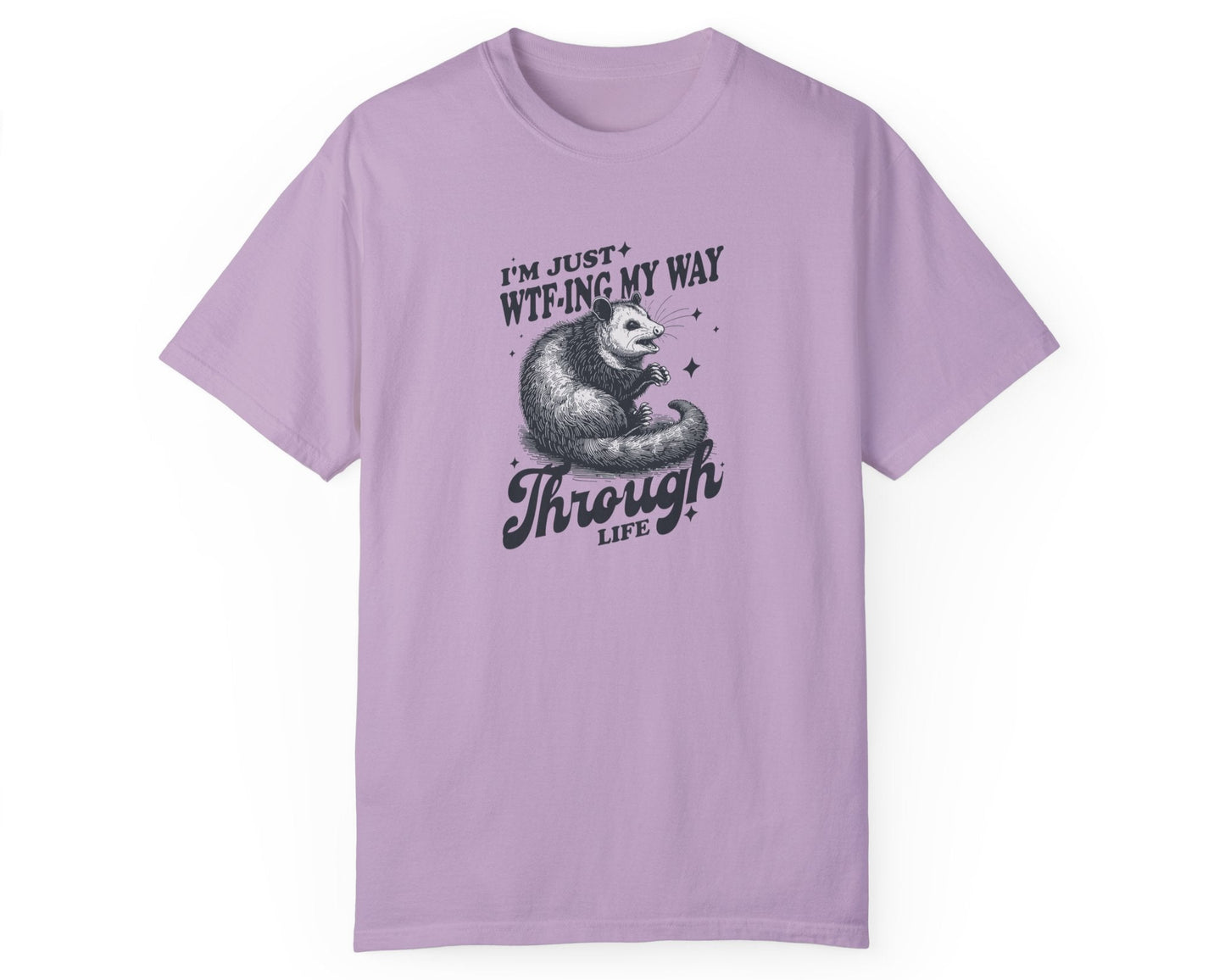 Overworked and exhausted funny possum tee in orchid – relatable burnout apparel