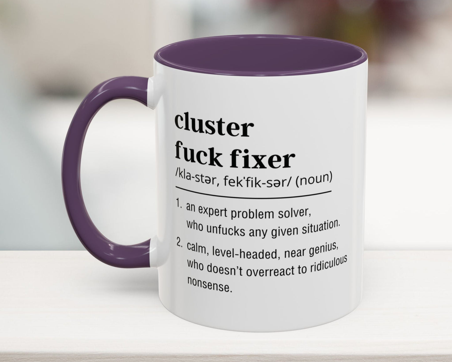 Profanity-filled office gift in purple – hilarious work and corporate sarcasm mug