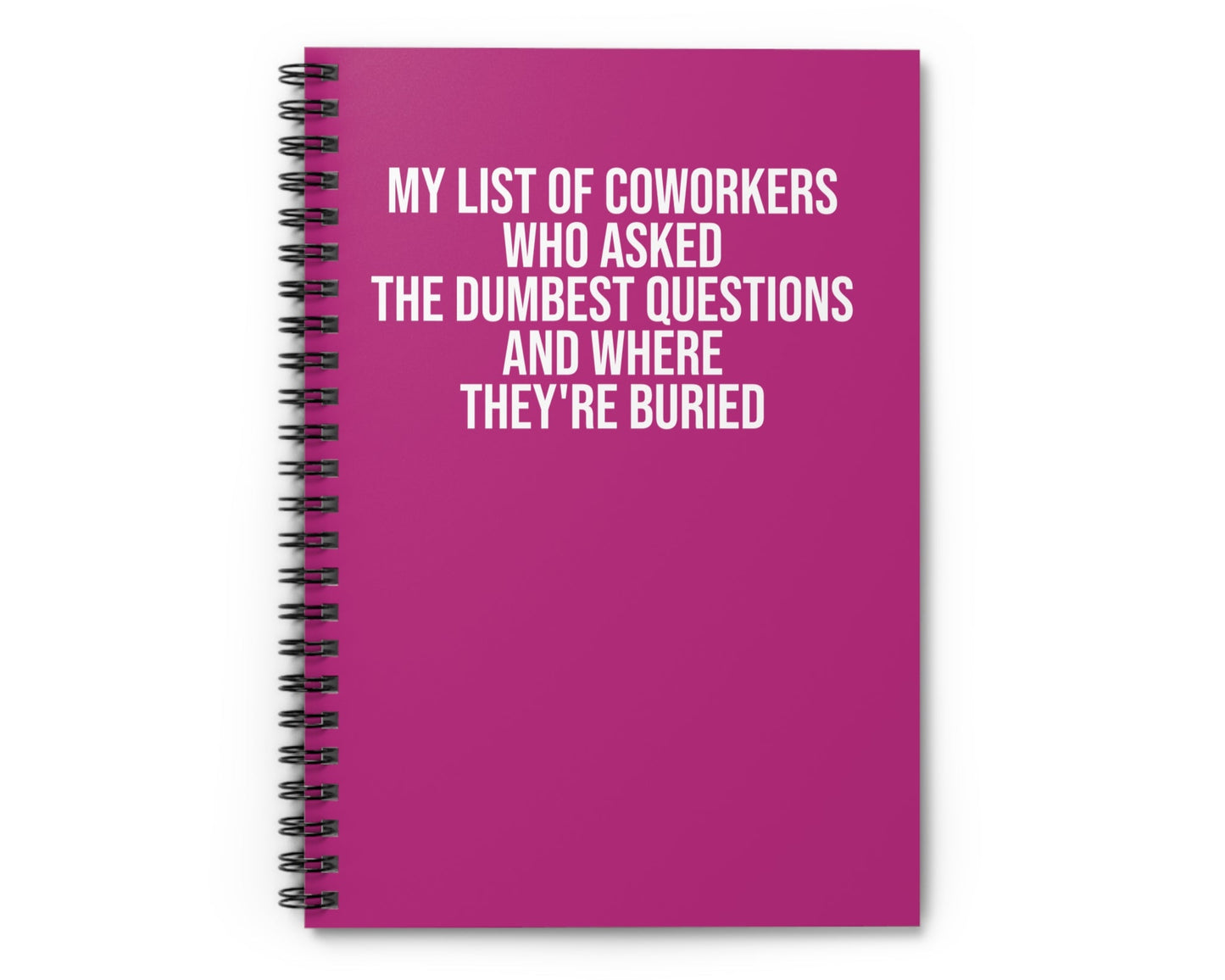 Pink notebook with sarcastic cover “My List of Coworkers…”