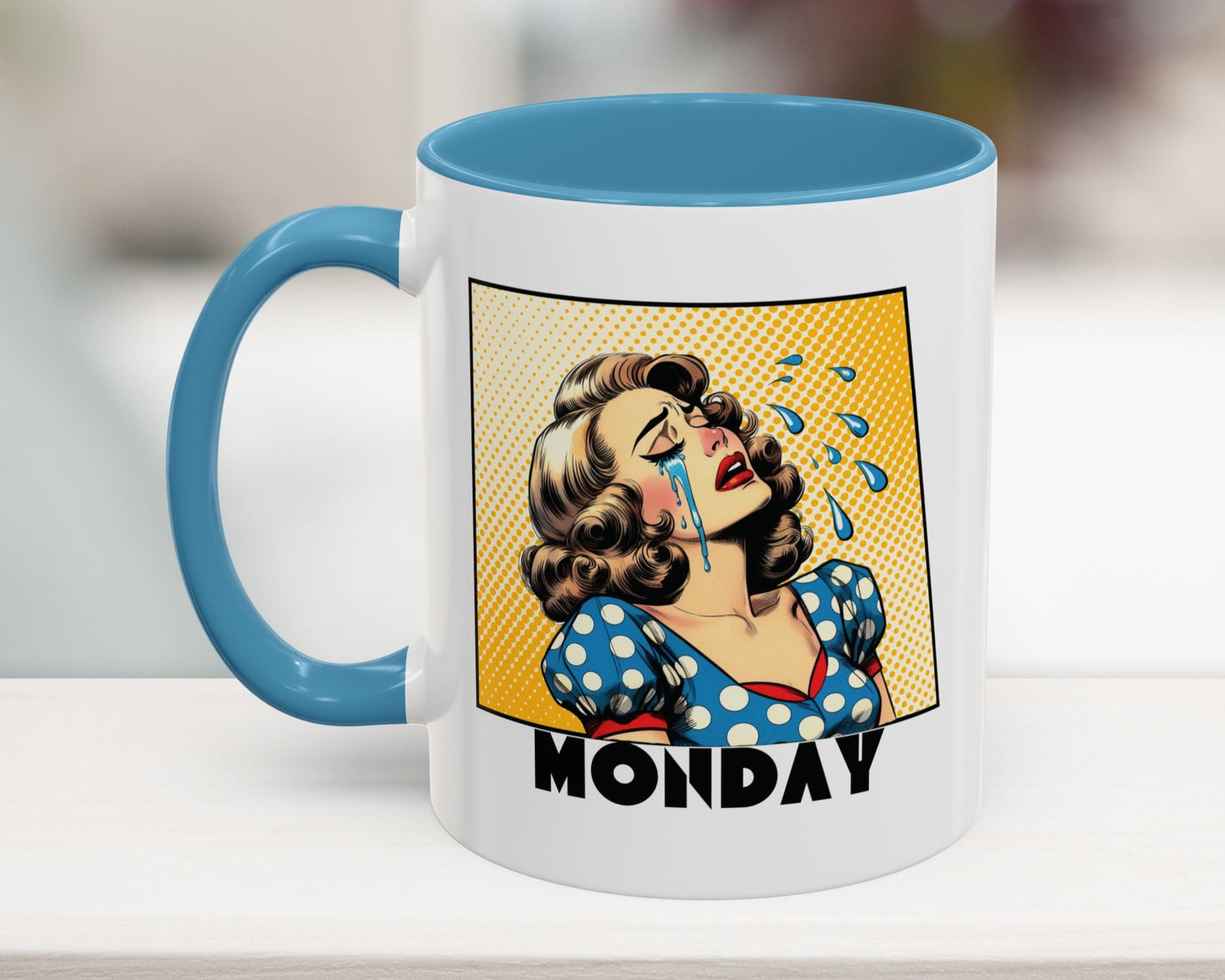 Light blue 11oz pop art work mug – Crying Woman Monday funny coworker gift