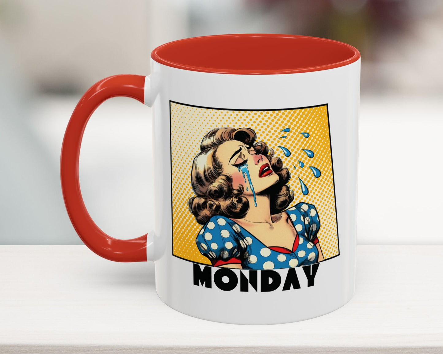 Red 11oz retro pop art office mug – Crying Woman Monday humorous work gift