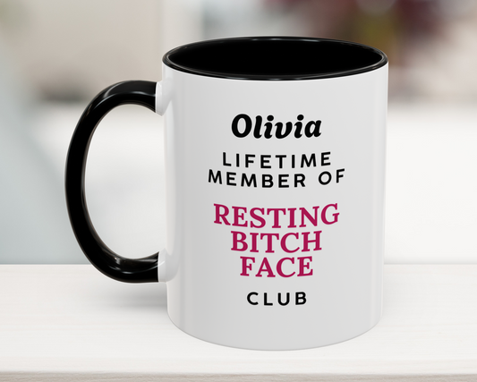 Close-up of custom name example on Resting Bitch Face Club mug – personalized funny work gift