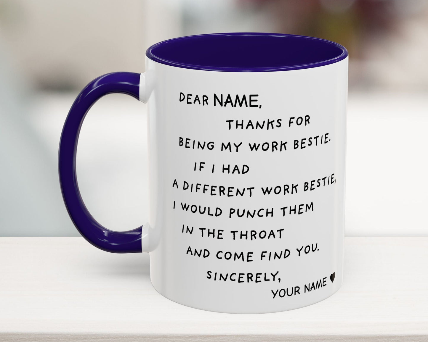 Mug with personalized text on a blurred background