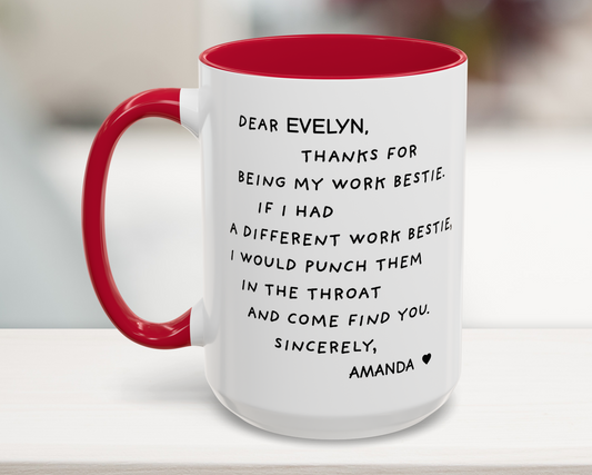 White mug with red interior and handle, featuring a humorous message on a blurred background