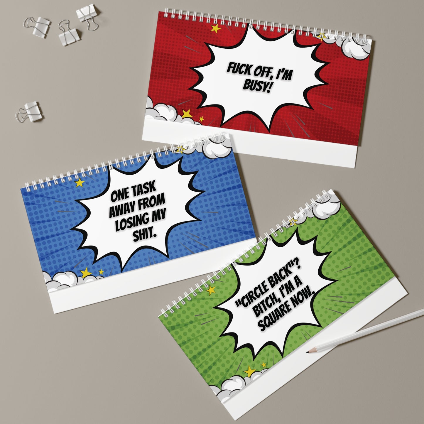 pages with colorful comic-style text on a gray background.