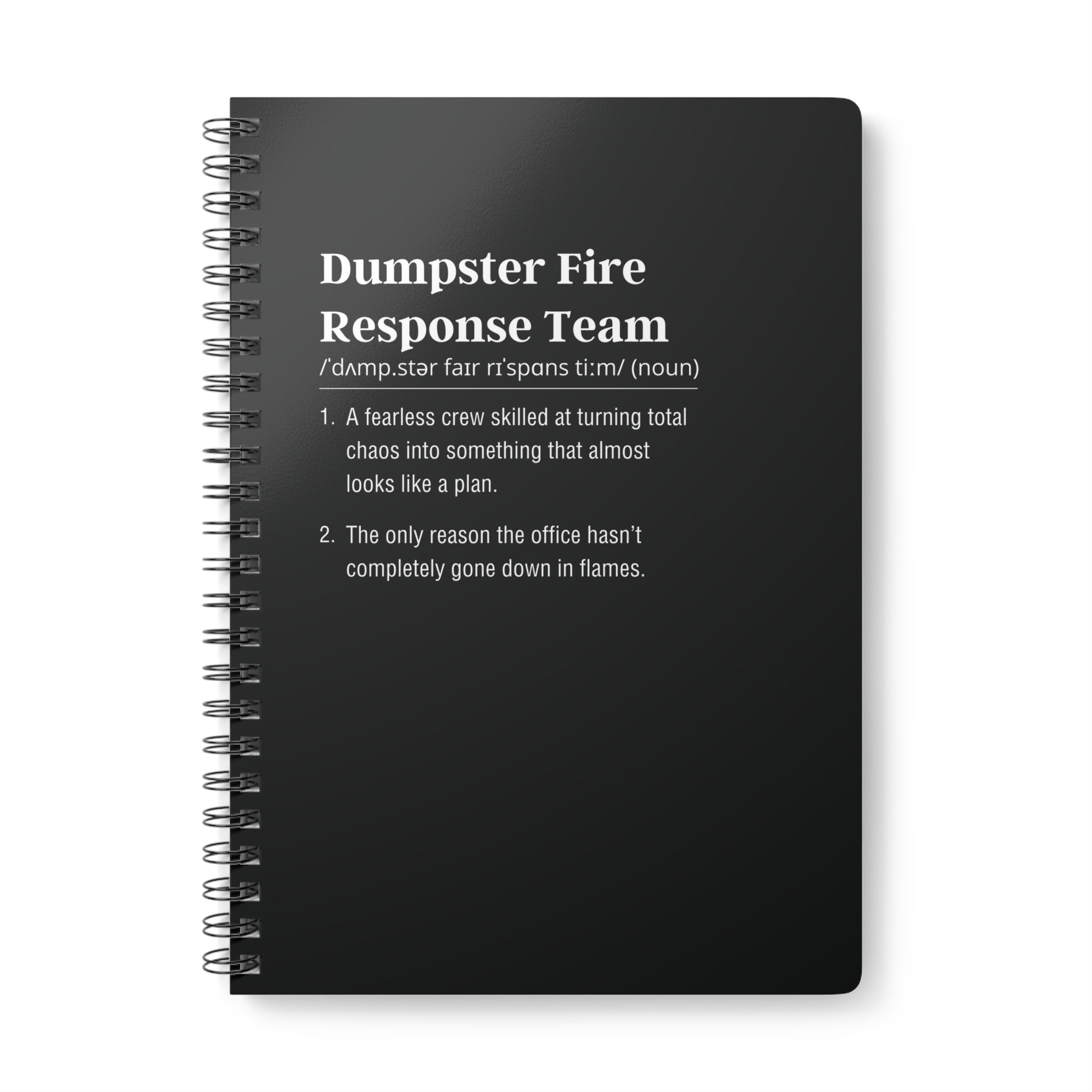 Black notebook with white text on a white background