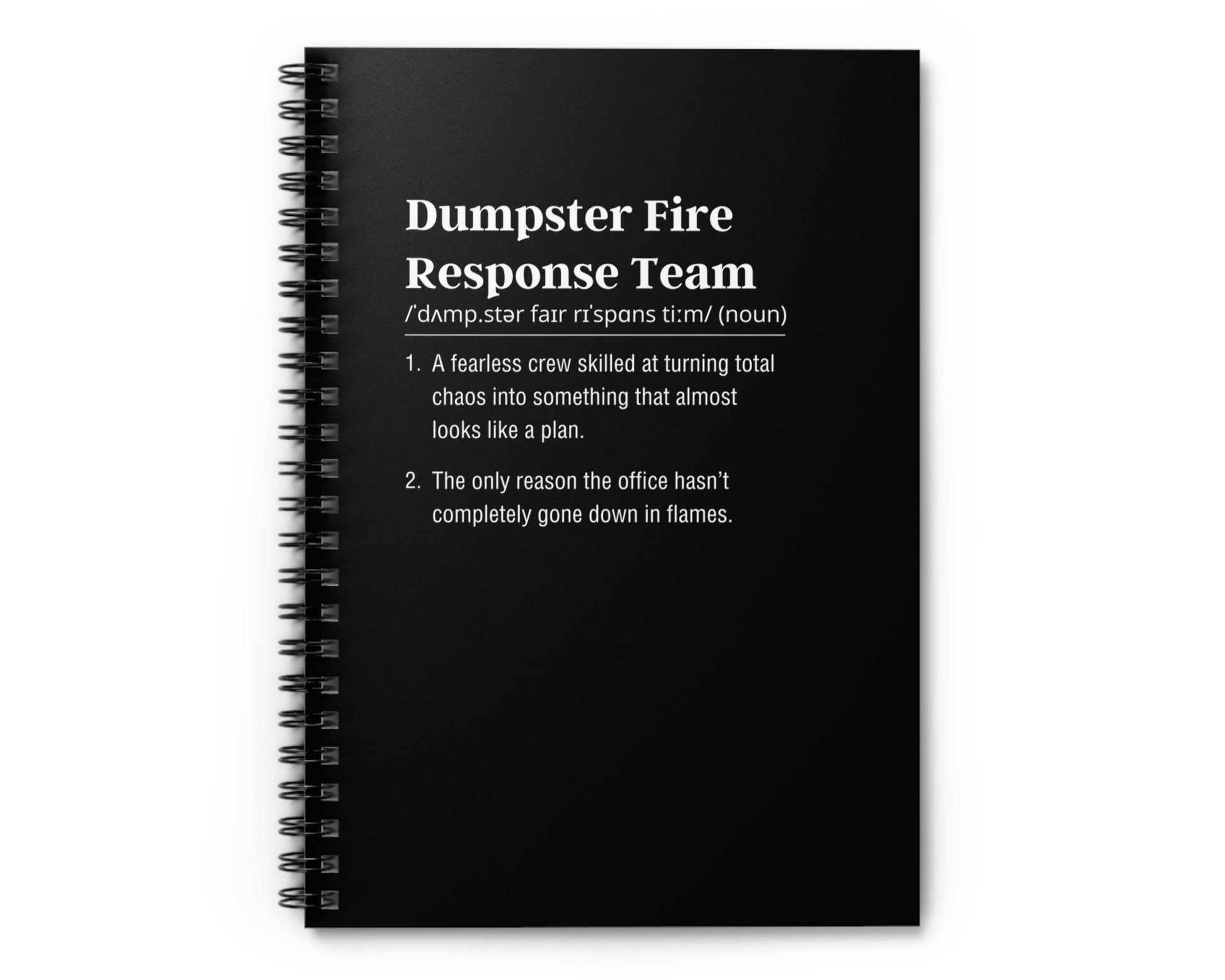 Black notebook with white text on a white background