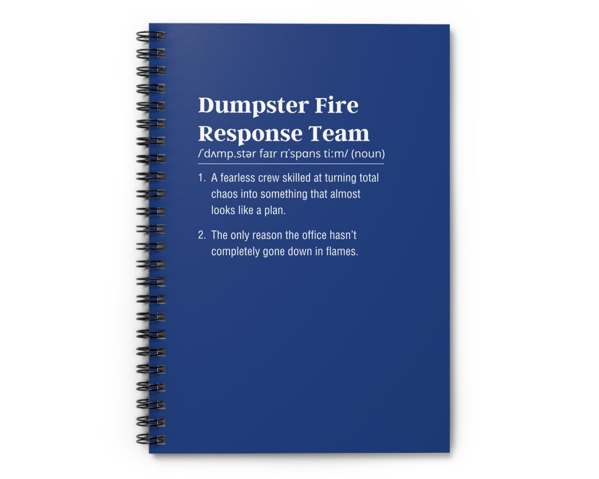 Blue notebook with text on a white background