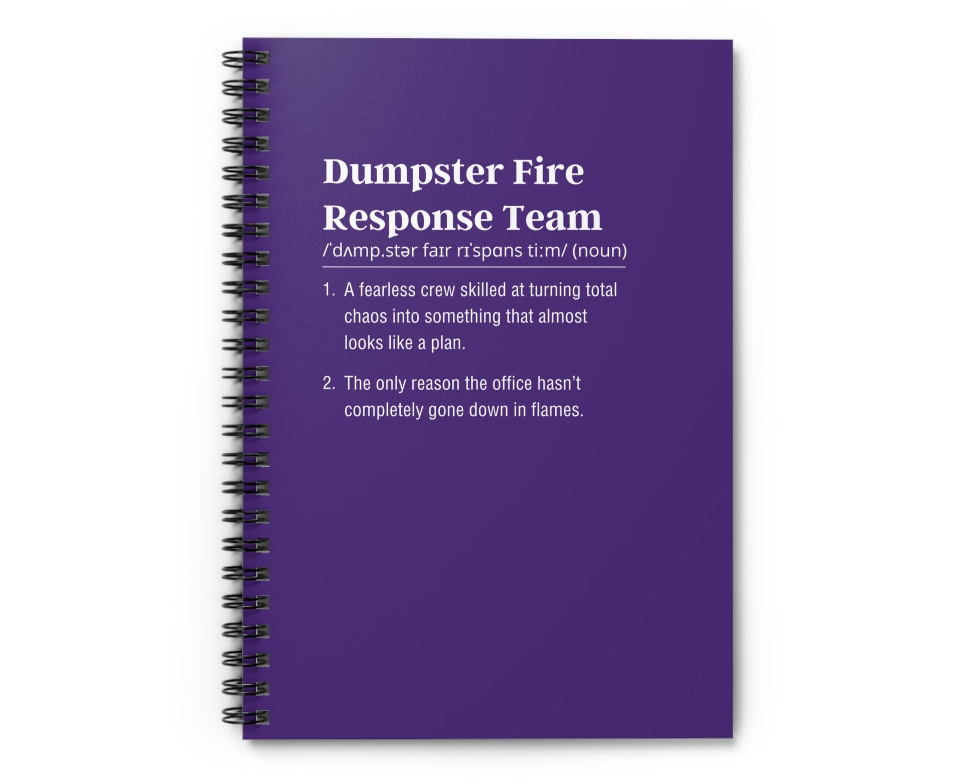 Purple notebook with text on a white background