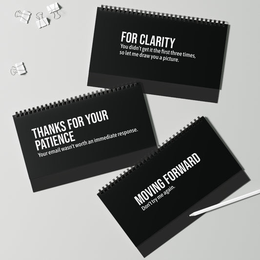 Sarcastic desk sign with email lingo translations Q1