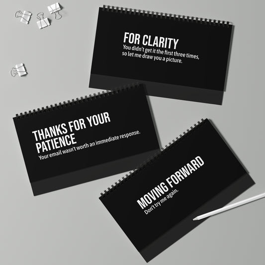 Office flip sign with sarcastic email translations Q1