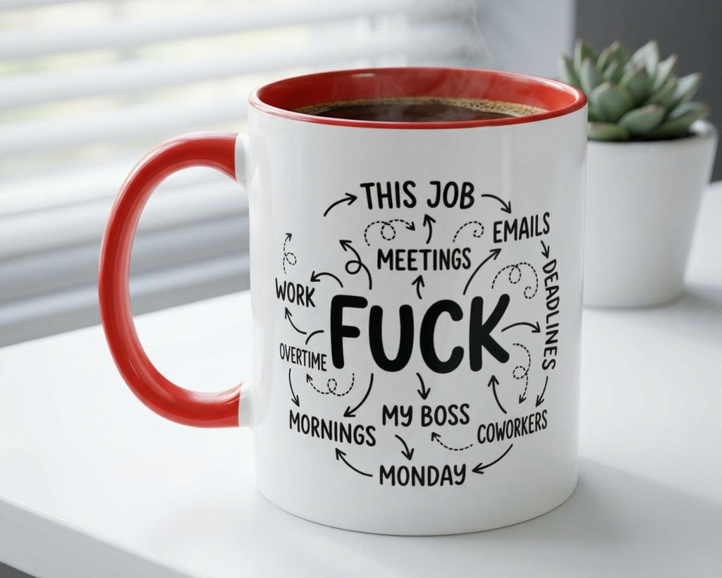 White mug with red handle featuring humorous text on a white surface with a plant in the background