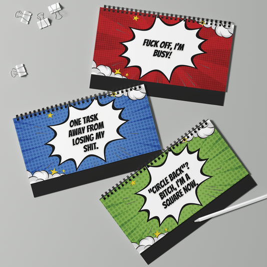 Three desk signs pages with colorful comic-style text on a gray background