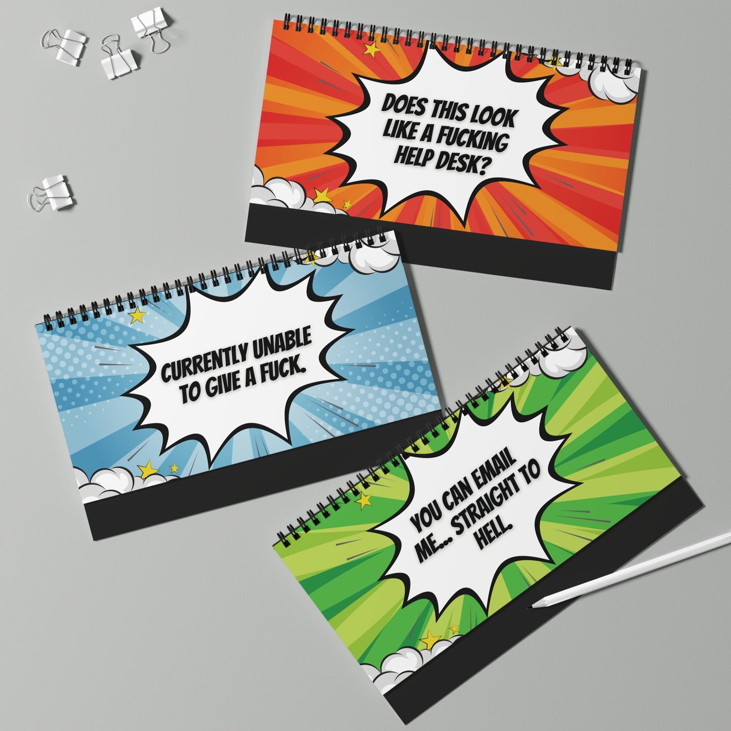 pages with colorful comic-style text on a gray background