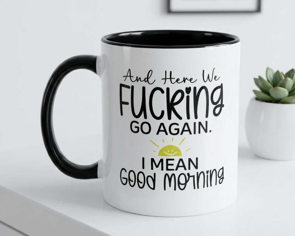 White mug with black interior and handle, featuring humorous text on a white surface.