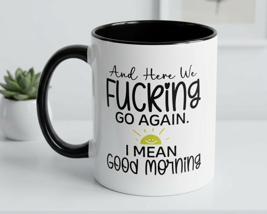 Mug with humorous text on a white surface