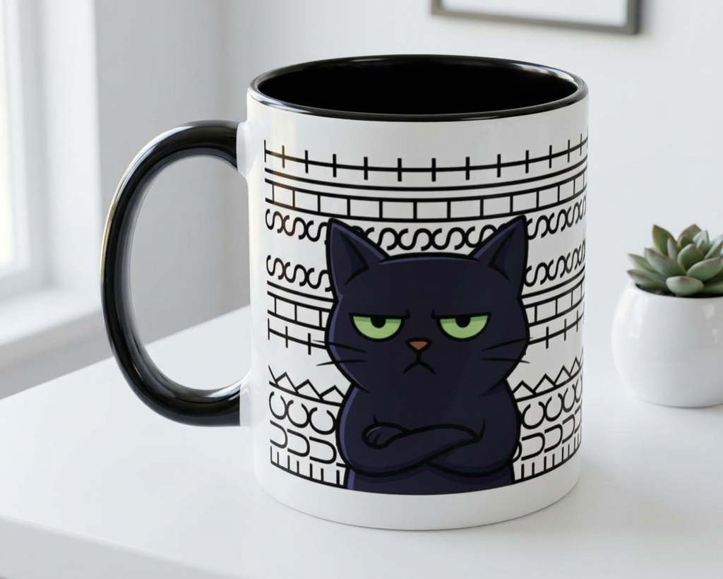 White mug with black interior and handle, featuring a black cat illustration on a white surface.