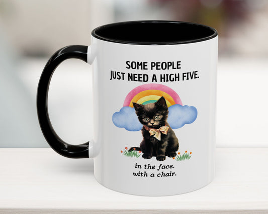 Black 11oz sarcastic coffee mug – Some People Just Need a High Five in the Face with a Chair – Funny coworker gift for office humor lovers