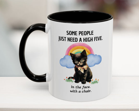 Mug with a black cat illustration and humorous text on a white background