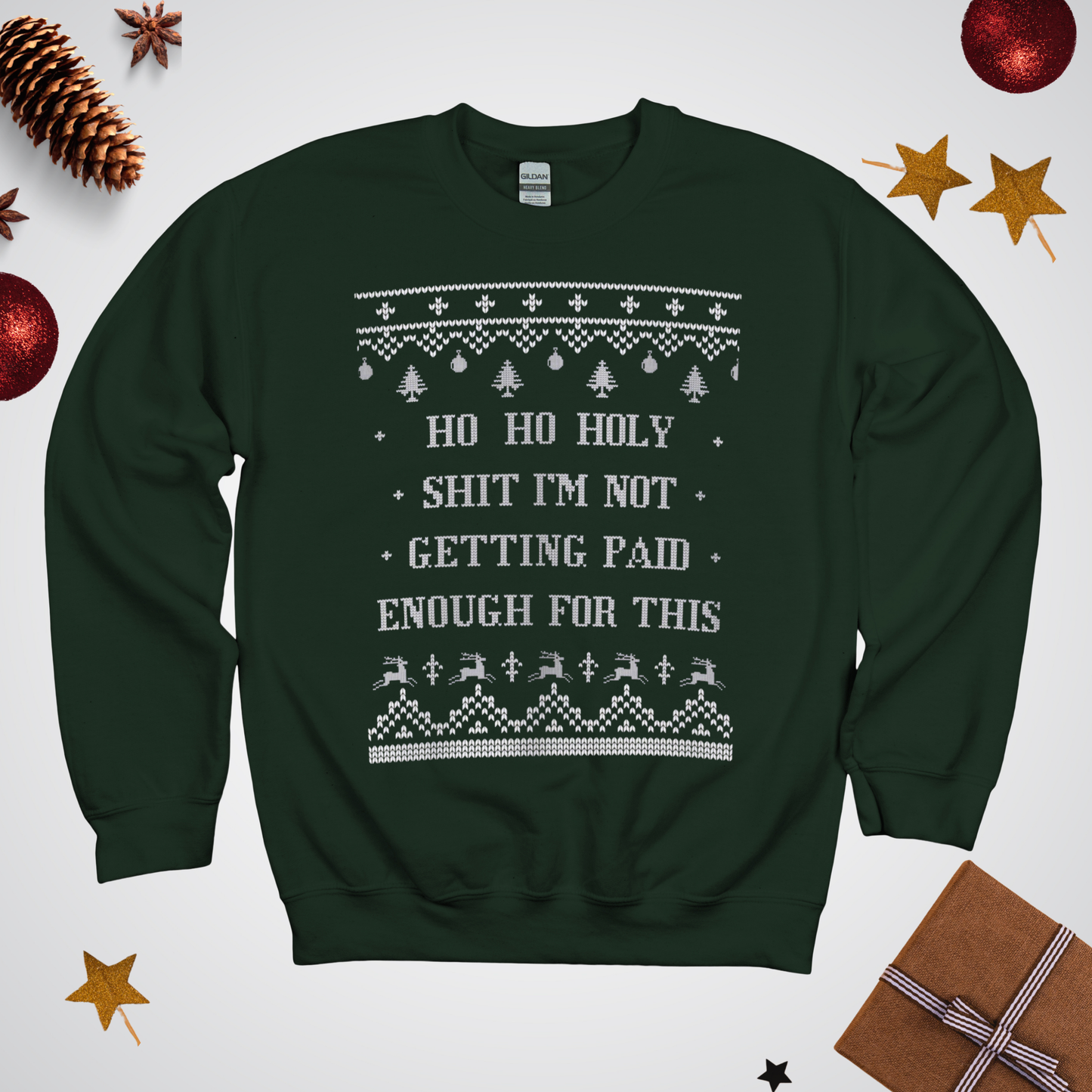 Dark green sweatshirt with Christmas-themed text and patterns on a white background with festive decorations.