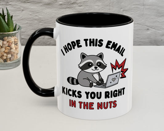Mug with a raccoon graphic and humorous text on a white surface.