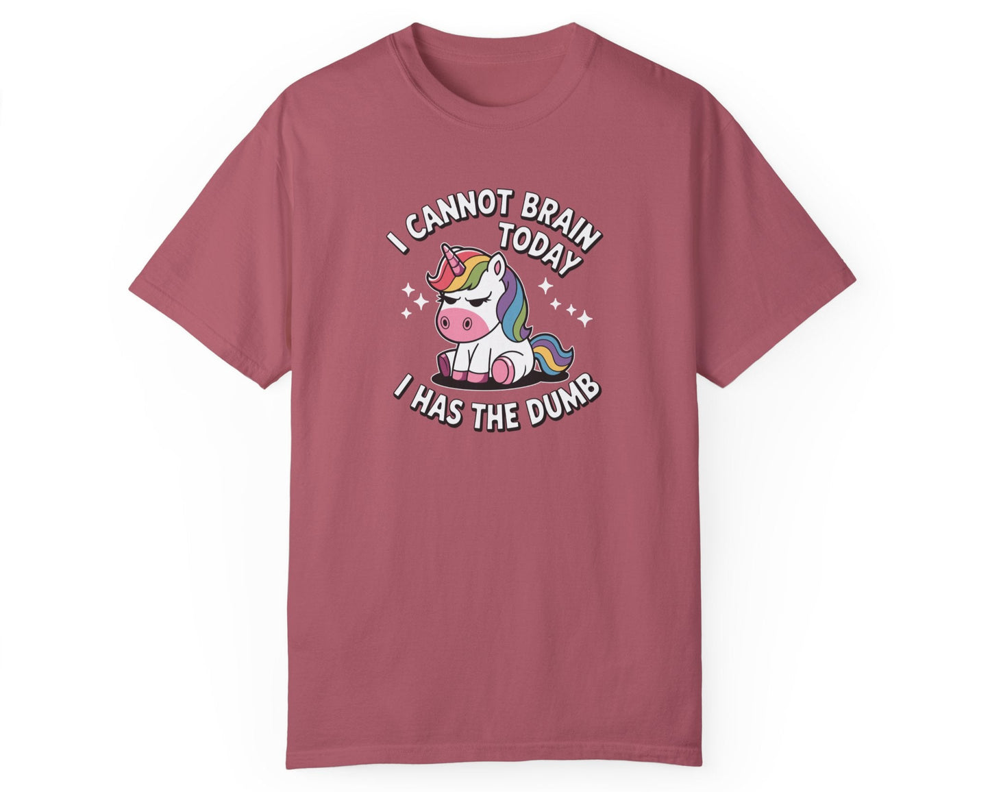 Crimson-colored Comfort Colors 1717 T-shirt with 'I Cannot Brain Today' unicorn print – great for a casual Friday outfit