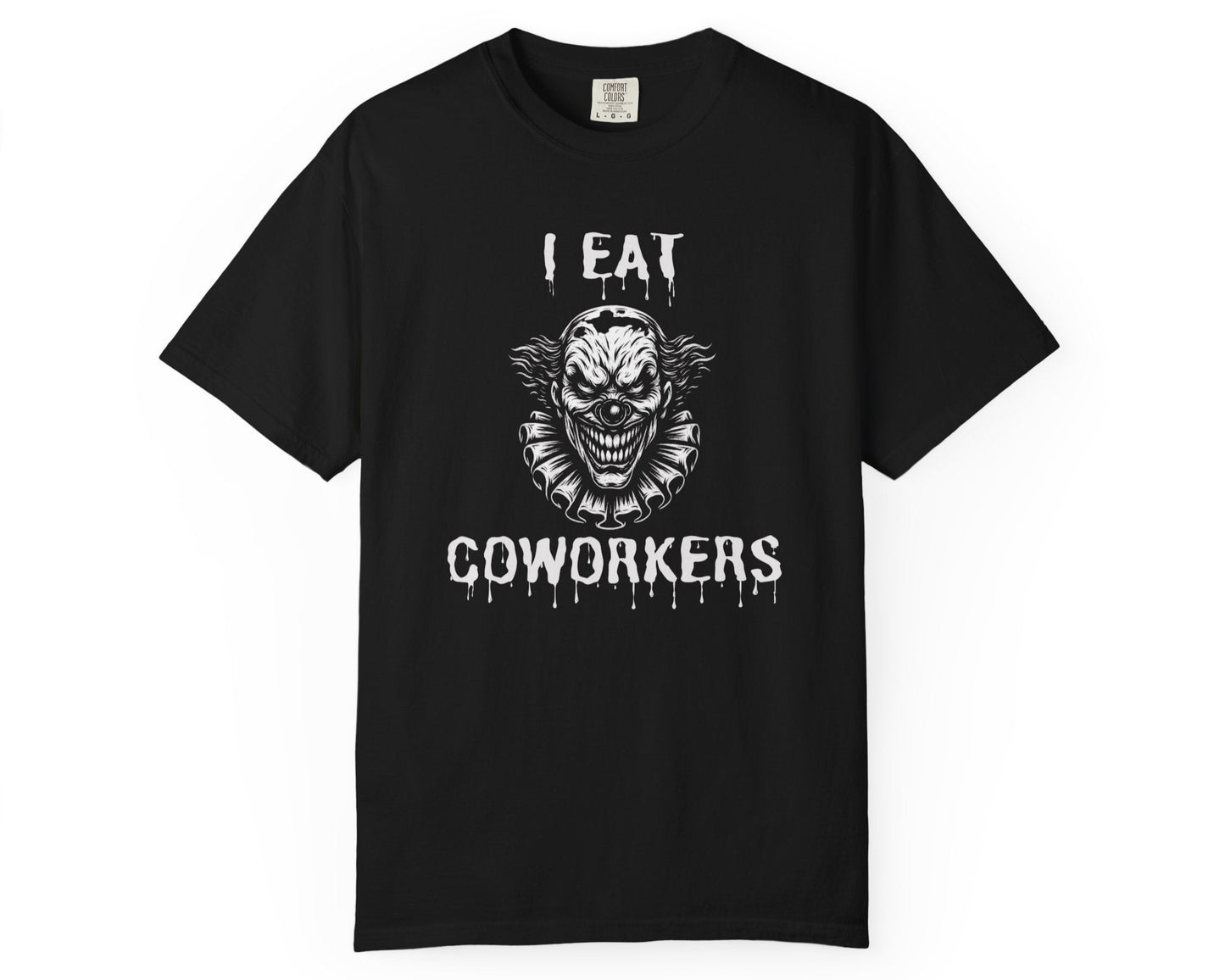 Black t-shirt with a graphic design and text on a white background