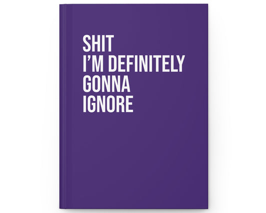 Purple notebook with white text on a white background