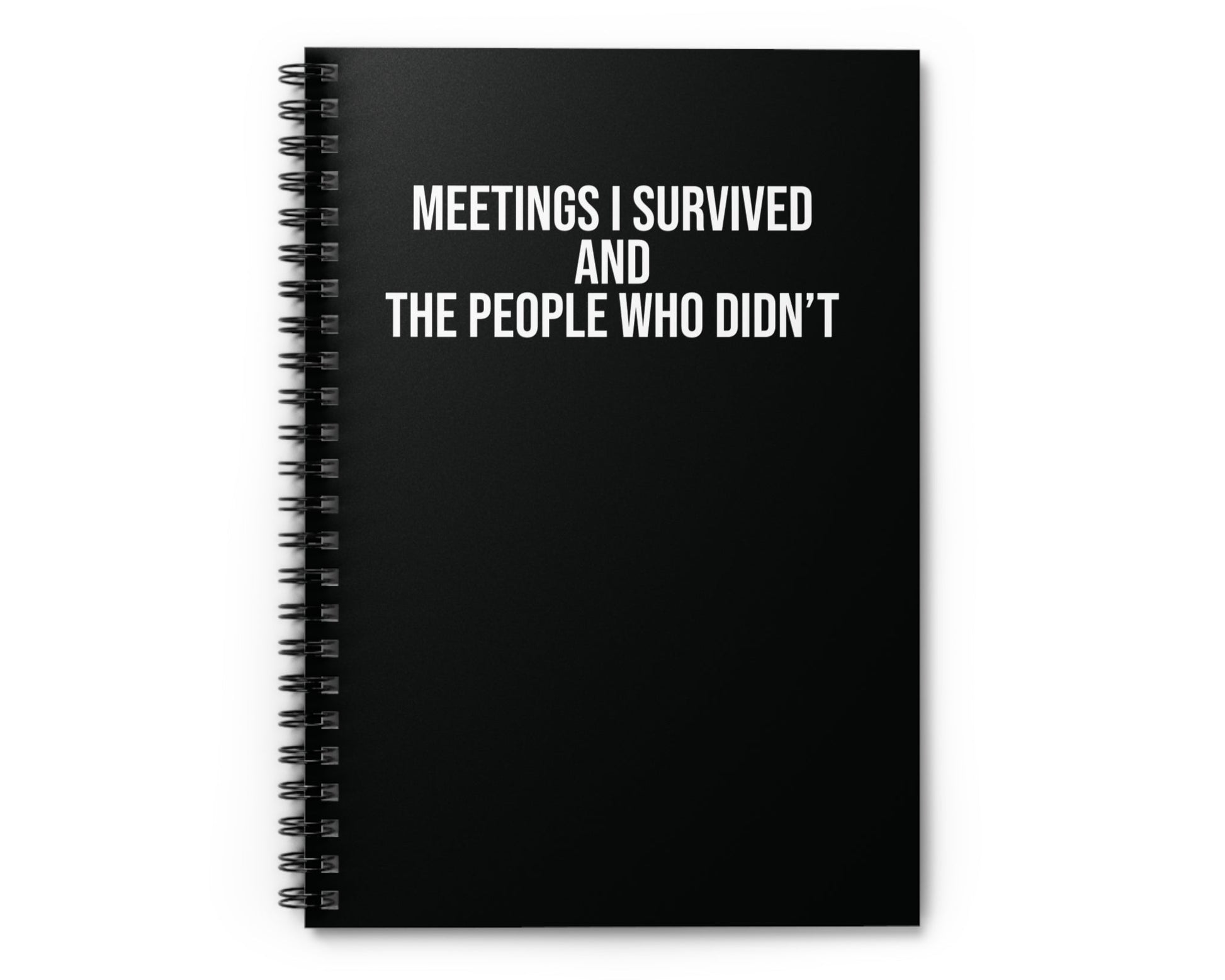 Black notebook with white text on a white background