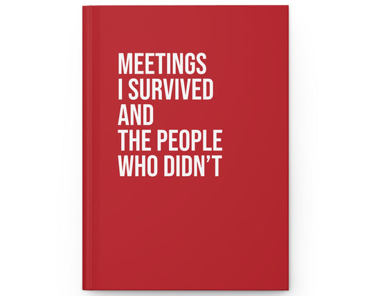 Red notebook with white text on a white background