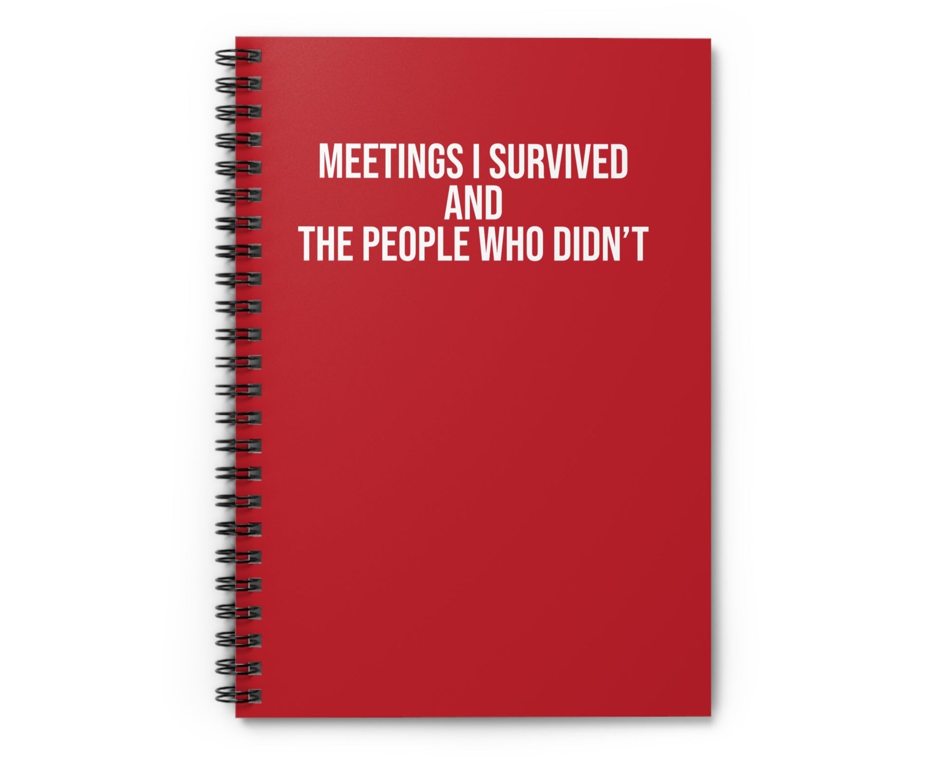 Red notebook with white text on a white background