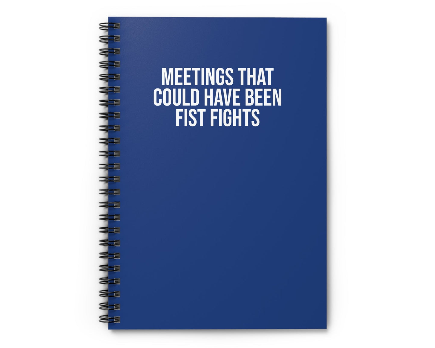 Dark blue notebook with humorous work meeting caption
