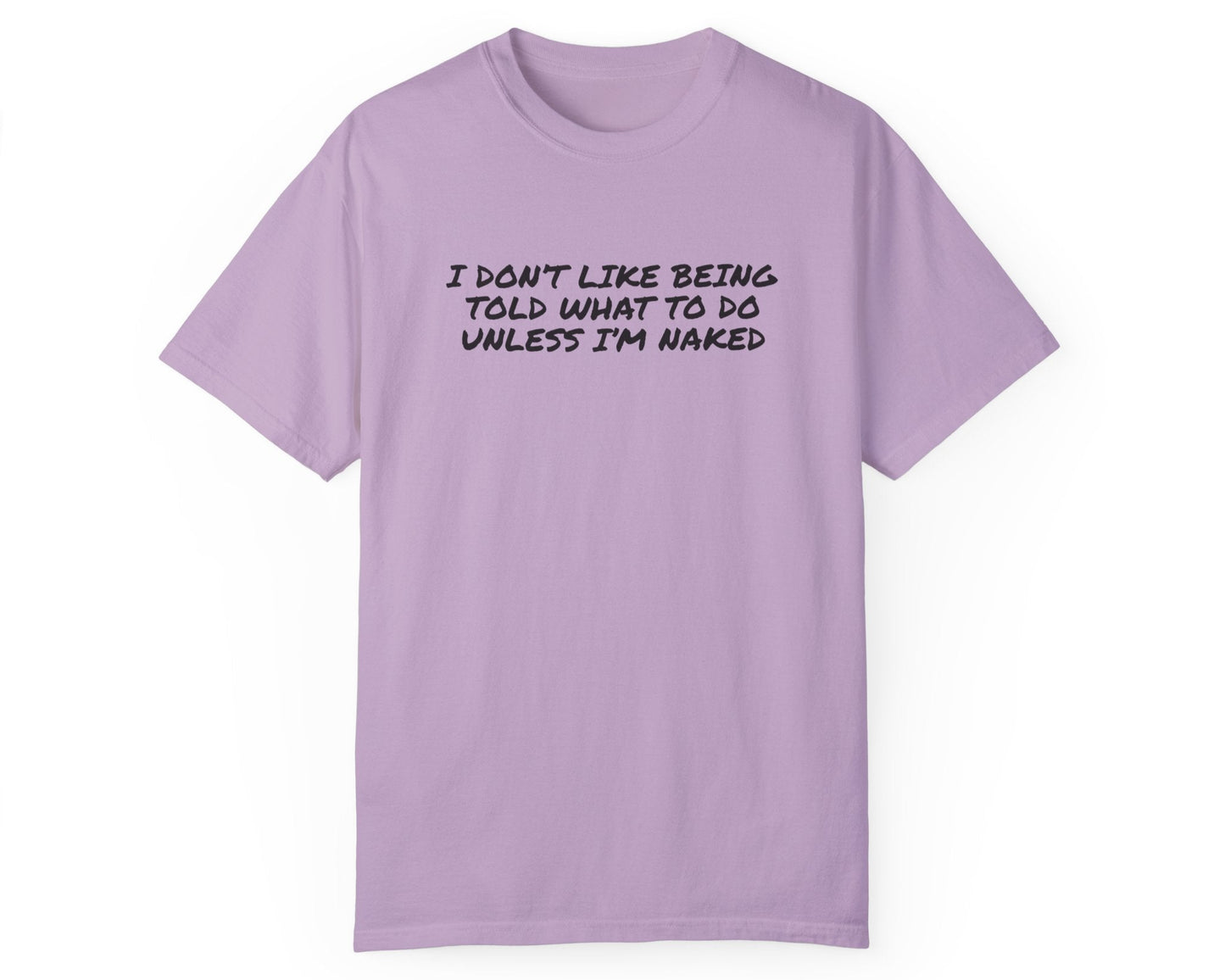 Light purple tee with bold text print – funny office style