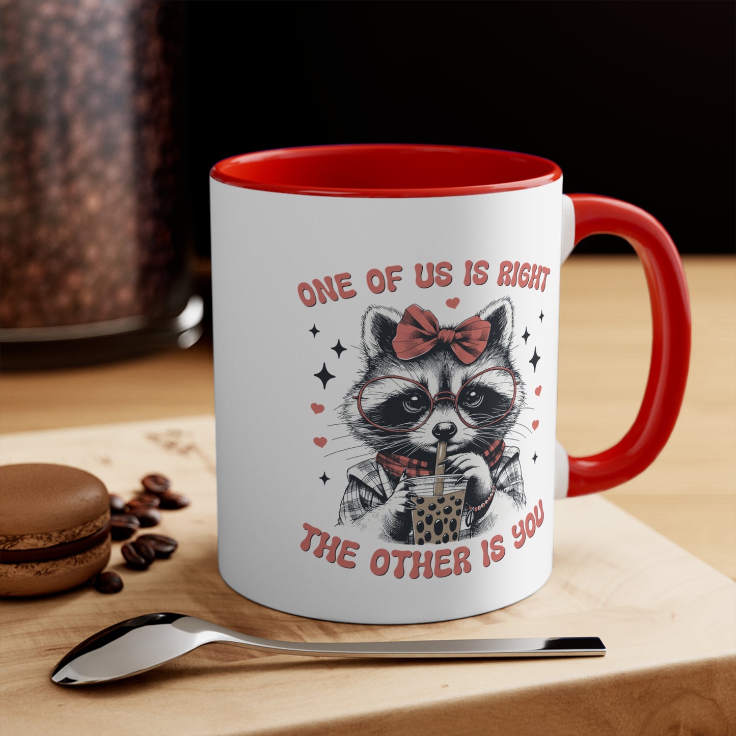 Red 11oz mug for coworkers, features raccoon with boba and sass