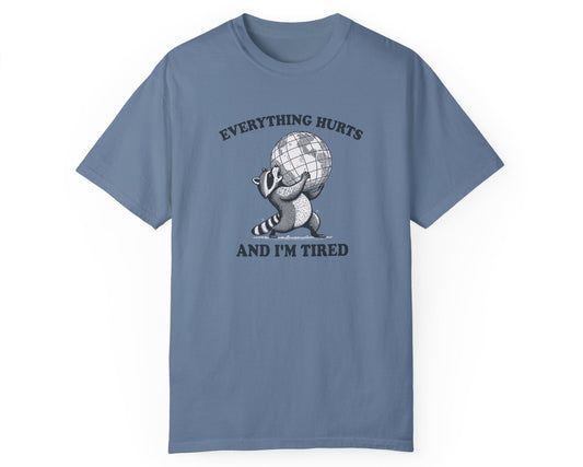 Funny overworked raccoon graphic tee in blue jean – perfect for office workers