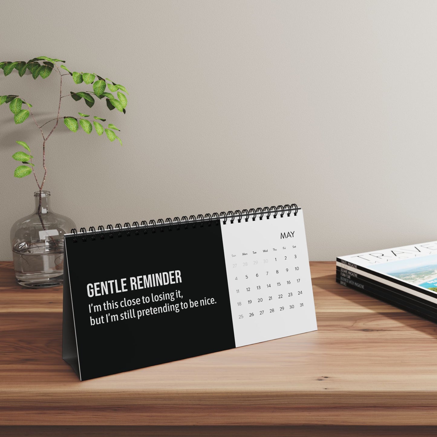Sarcastic desk calendar styled in a WFH setup with cozy vibes and office accessories.