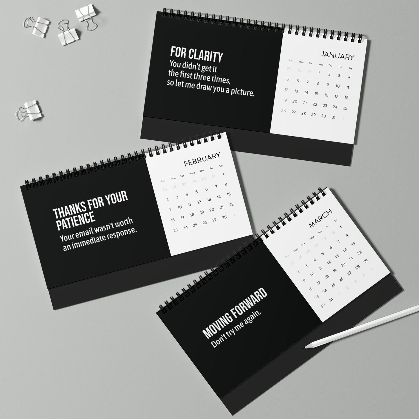 Q1 view of 2025 calendar with sassy corporate lingo and funny office quote.