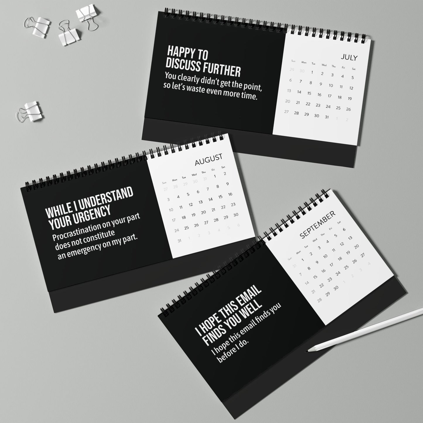 Q3 photo of 2025 desk calendar with funny translation of workplace jargon.