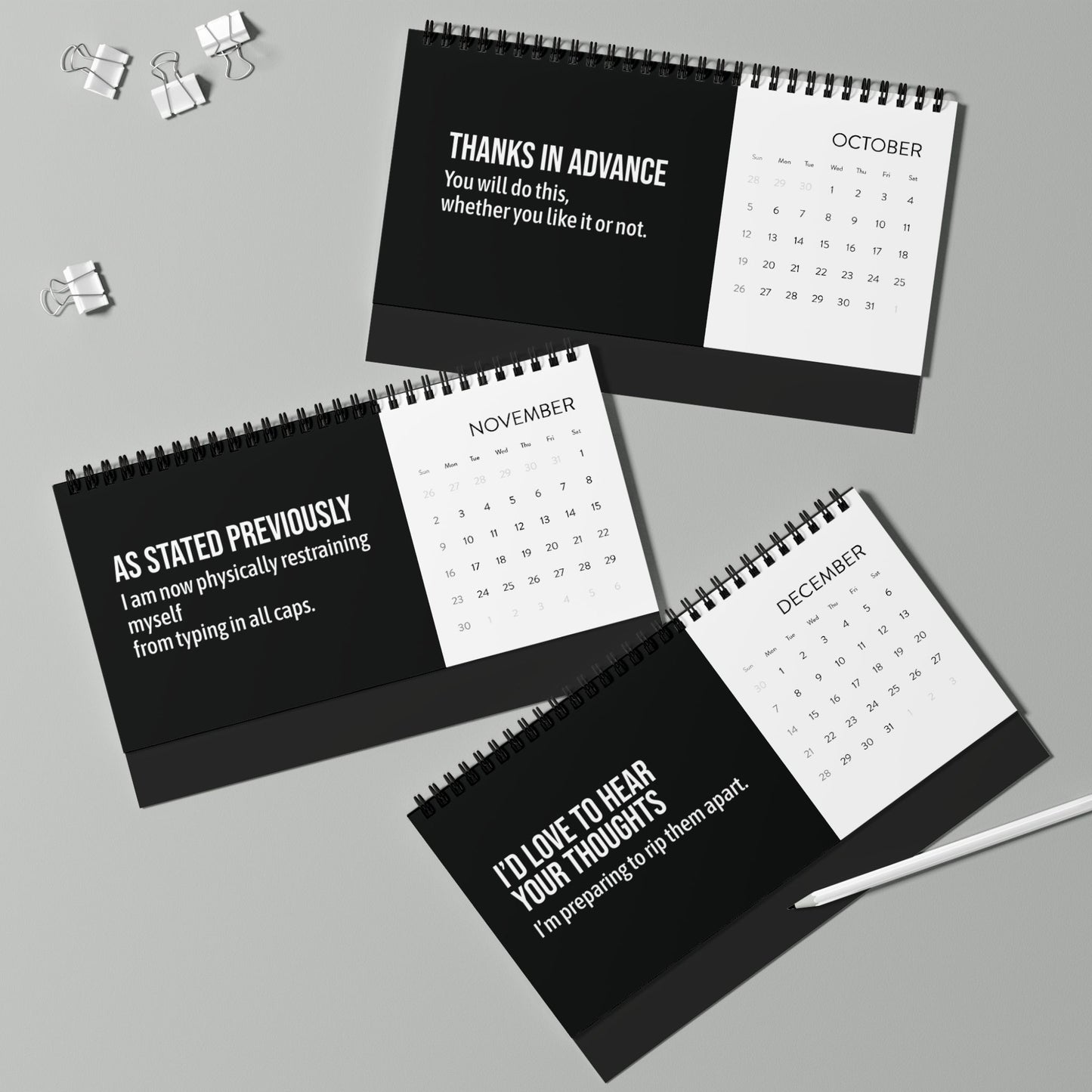 Q4 page of funny, safe-for-work calendar with sarcastic office sayings.