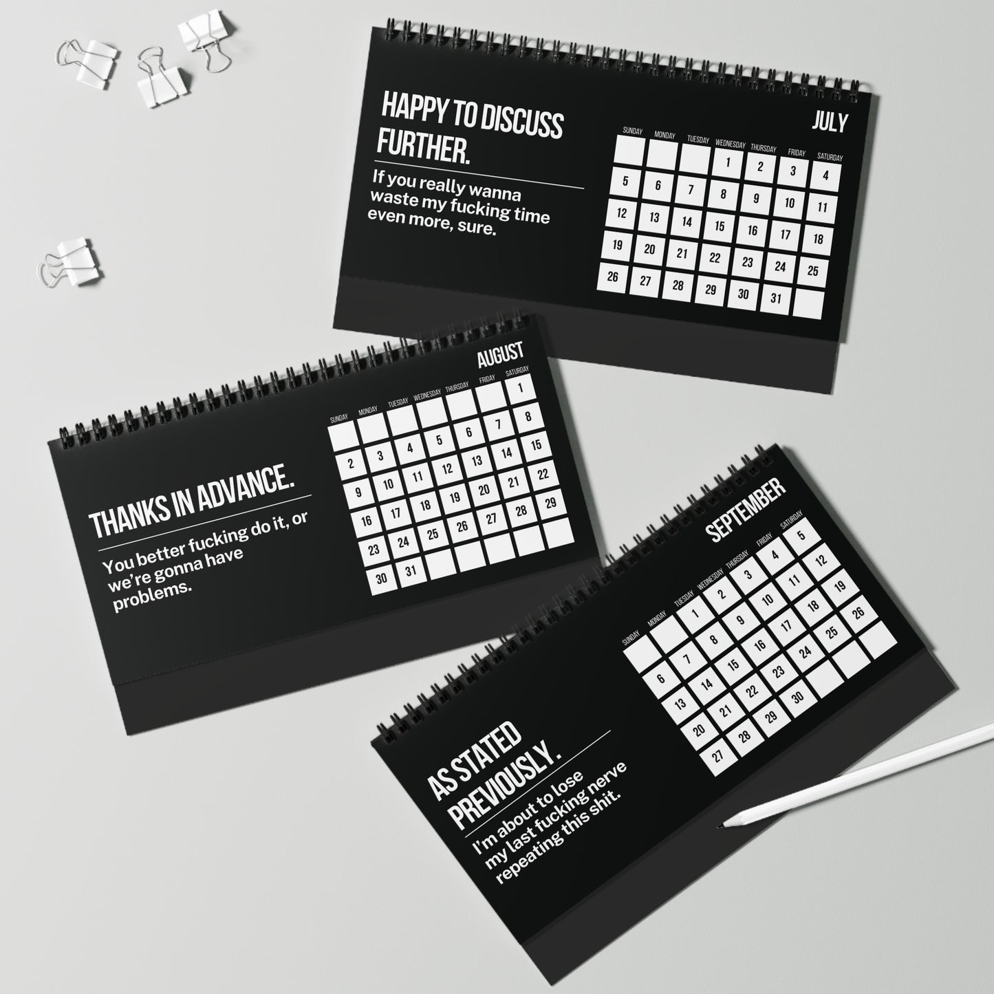Three black calendars with white text on a gray background