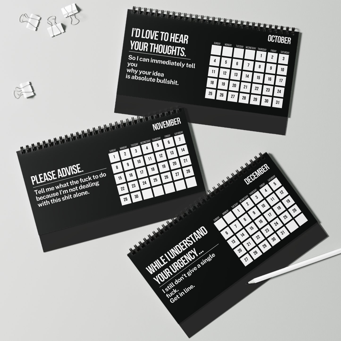 Three black calendars with white text on a gray background