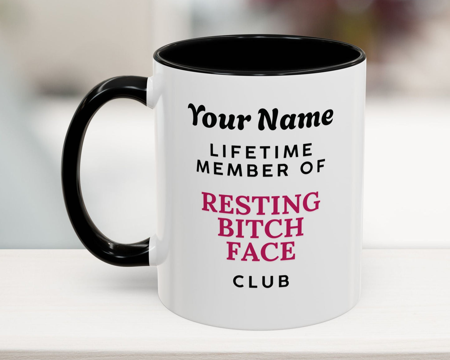 Black 11oz personalized mug with 'Resting Bitch Face Club' quote – funny custom office gift