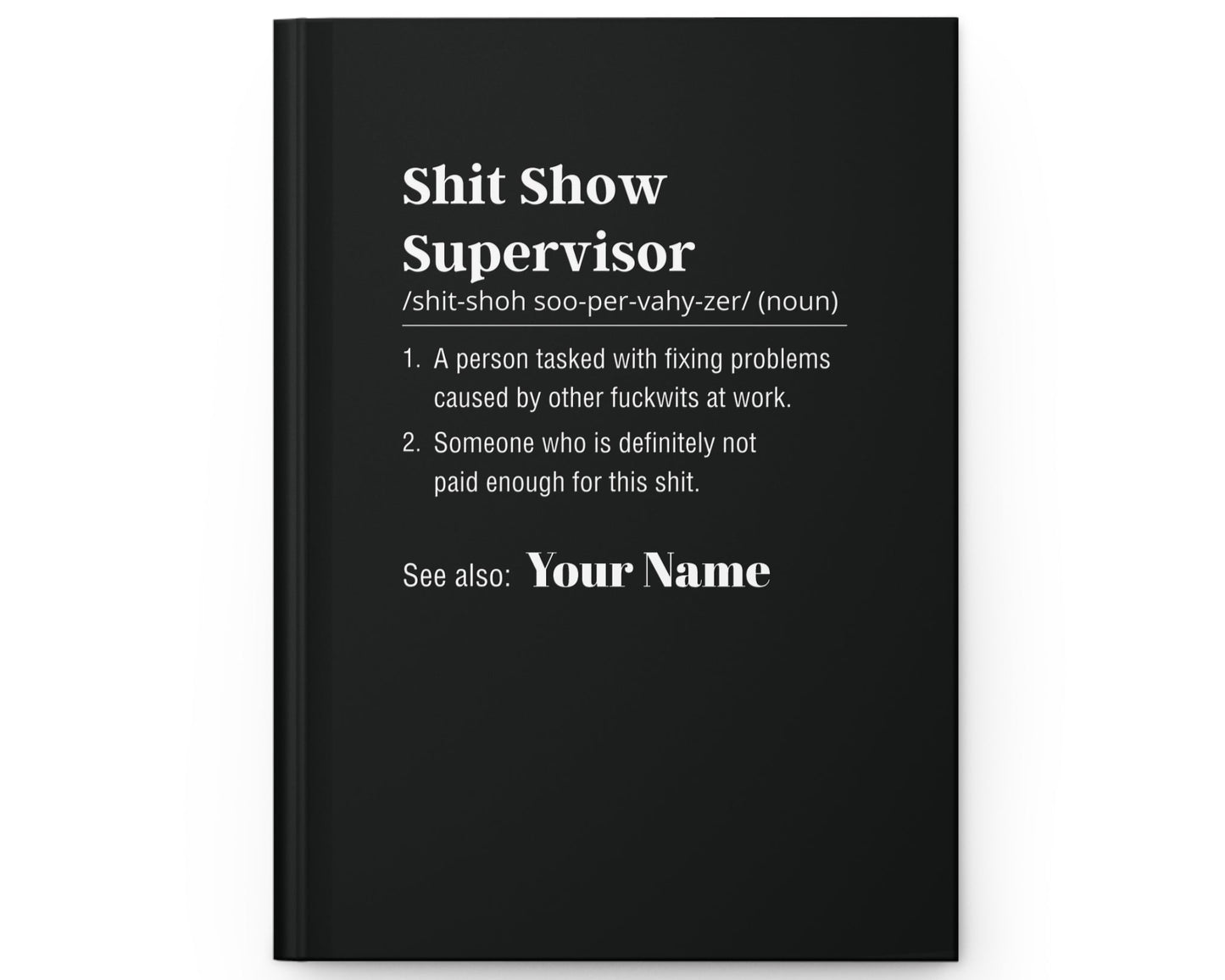 Black book with white text on a white background
