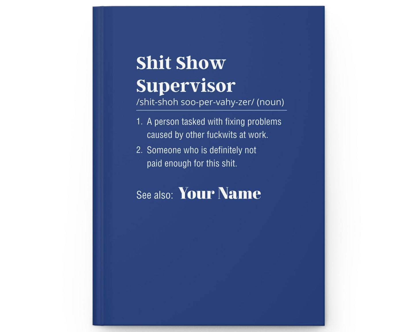 Blue book with white text on a white background