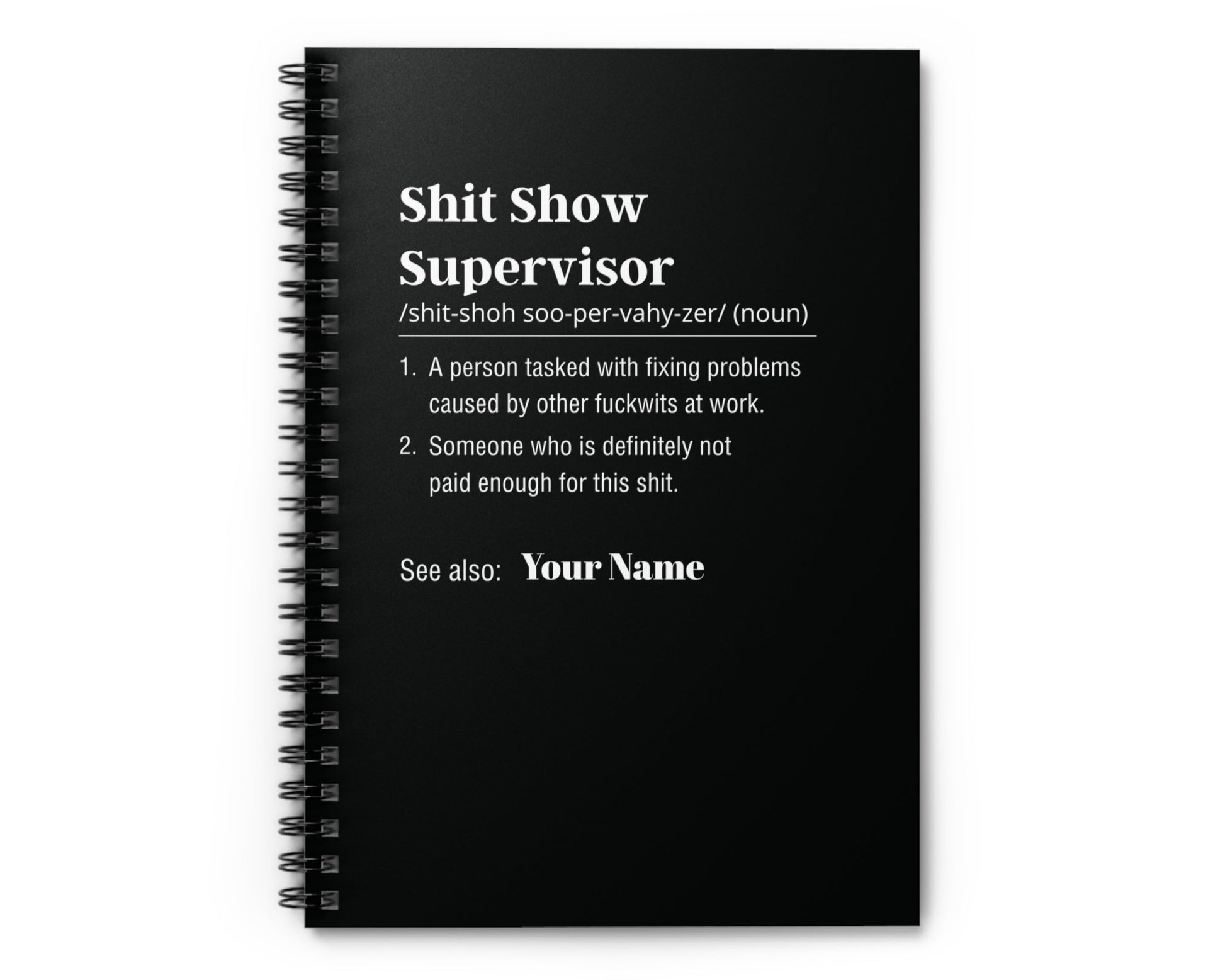 Black notebook with white text on a white background