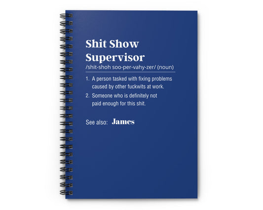 Blue notebook with text on a white background