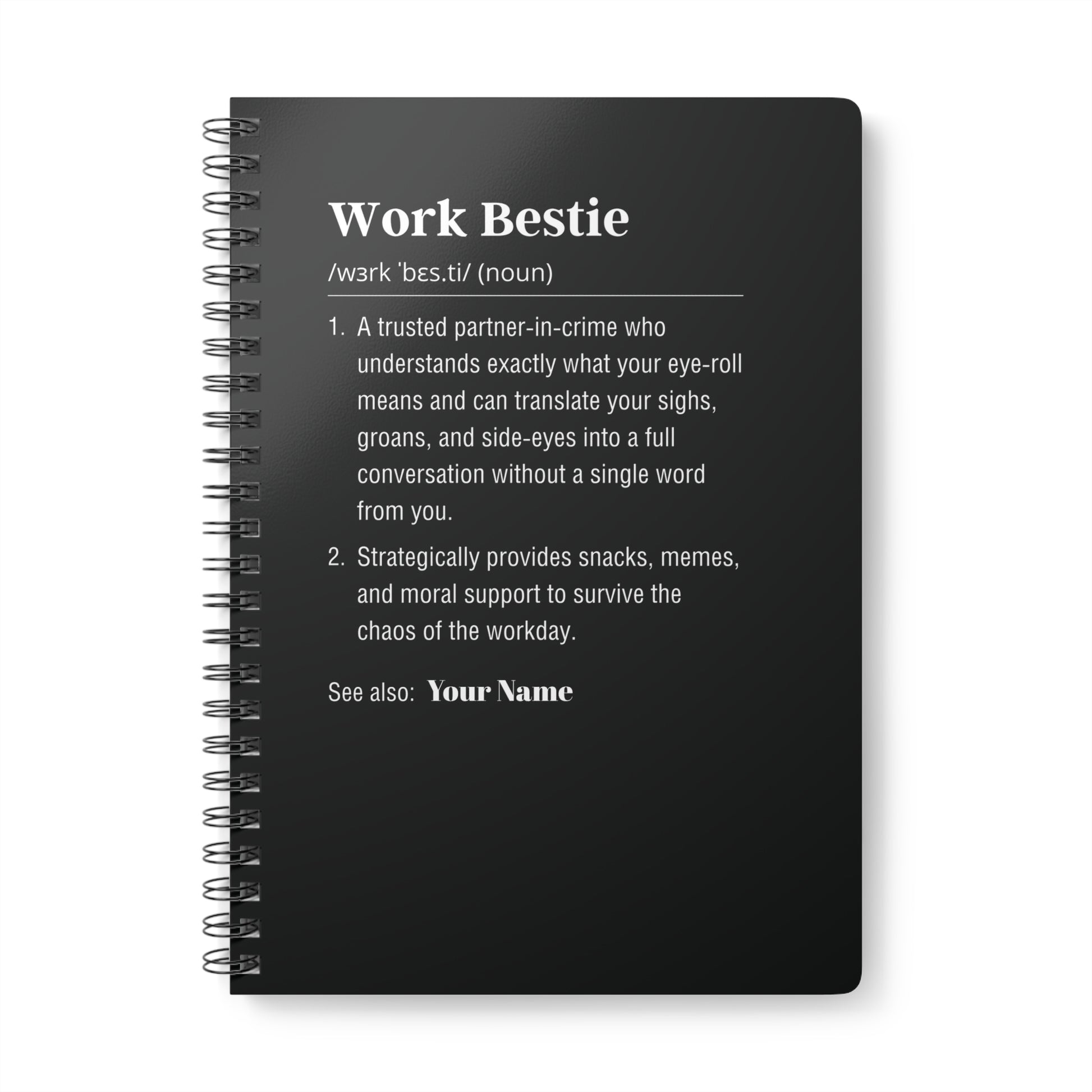 Black notebook with white text on a white background