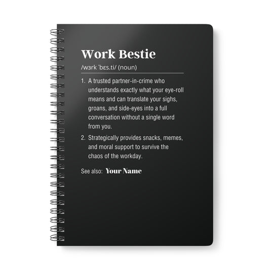 Black notebook with white text on a white background